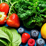 **Fresh Vegetables and Fruits**: Create an image showcasing a vibrant assortment of fresh vegetables and fruits, including leafy greens like spinach and kale, and berries such as blueberries and strawberries. The setting should be a bright kitchen or market, emphasizing the freshness and health benefits of these ingredients.