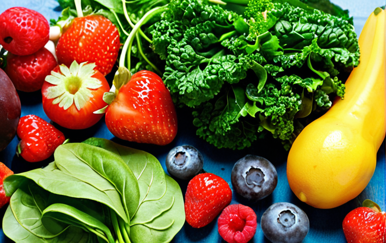 **Fresh Vegetables and Fruits**: Create an image showcasing a vibrant assortment of fresh vegetables and fruits, including leafy greens like spinach and kale, and berries such as blueberries and strawberries. The setting should be a bright kitchen or market, emphasizing the freshness and health benefits of these ingredients.