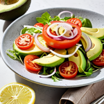 **

A vibrant, colorful salad overflowing with fresh ingredients like ripe red tomatoes, creamy avocado slices, and thinly sliced onions. Drizzled with glistening olive oil and a squeeze of lemon. The background is a bright, modern kitchen setting, suggesting healthy home cooking. Focus on freshness and the visual appeal of the ingredients. Style: Clean, appetizing food photography.

**
