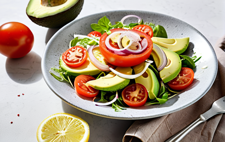 **

A vibrant, colorful salad overflowing with fresh ingredients like ripe red tomatoes, creamy avocado slices, and thinly sliced onions. Drizzled with glistening olive oil and a squeeze of lemon. The background is a bright, modern kitchen setting, suggesting healthy home cooking. Focus on freshness and the visual appeal of the ingredients. Style: Clean, appetizing food photography.

**