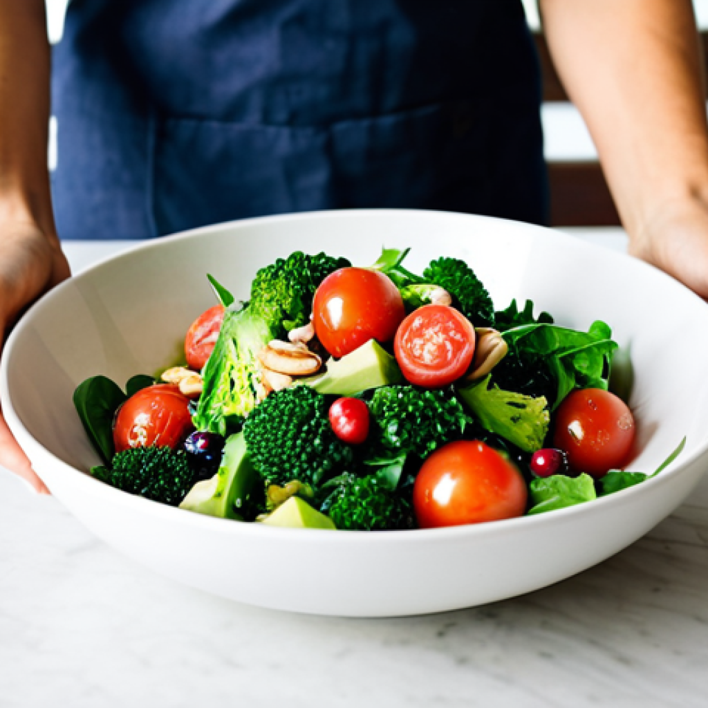 **
"A vibrant and colorful salad featuring various fresh vegetables (tomato, broccoli, spinach), berries, and nuts, drizzled with olive oil, served in a bright, naturally lit kitchen. safe for work, appropriate content, fully clothed, professional, modest, family-friendly, perfect anatomy, correct proportions, natural pose, well-formed hands, proper finger count, natural body proportions, high quality"
**