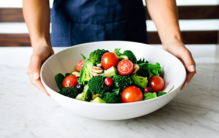 **

"A vibrant and colorful salad featuring various fresh vegetables (tomato, broccoli, spinach), berries, and nuts, drizzled with olive oil, served in a bright, naturally lit kitchen. safe for work, appropriate content, fully clothed, professional, modest, family-friendly, perfect anatomy, correct proportions, natural pose, well-formed hands, proper finger count, natural body proportions, high quality"

**
