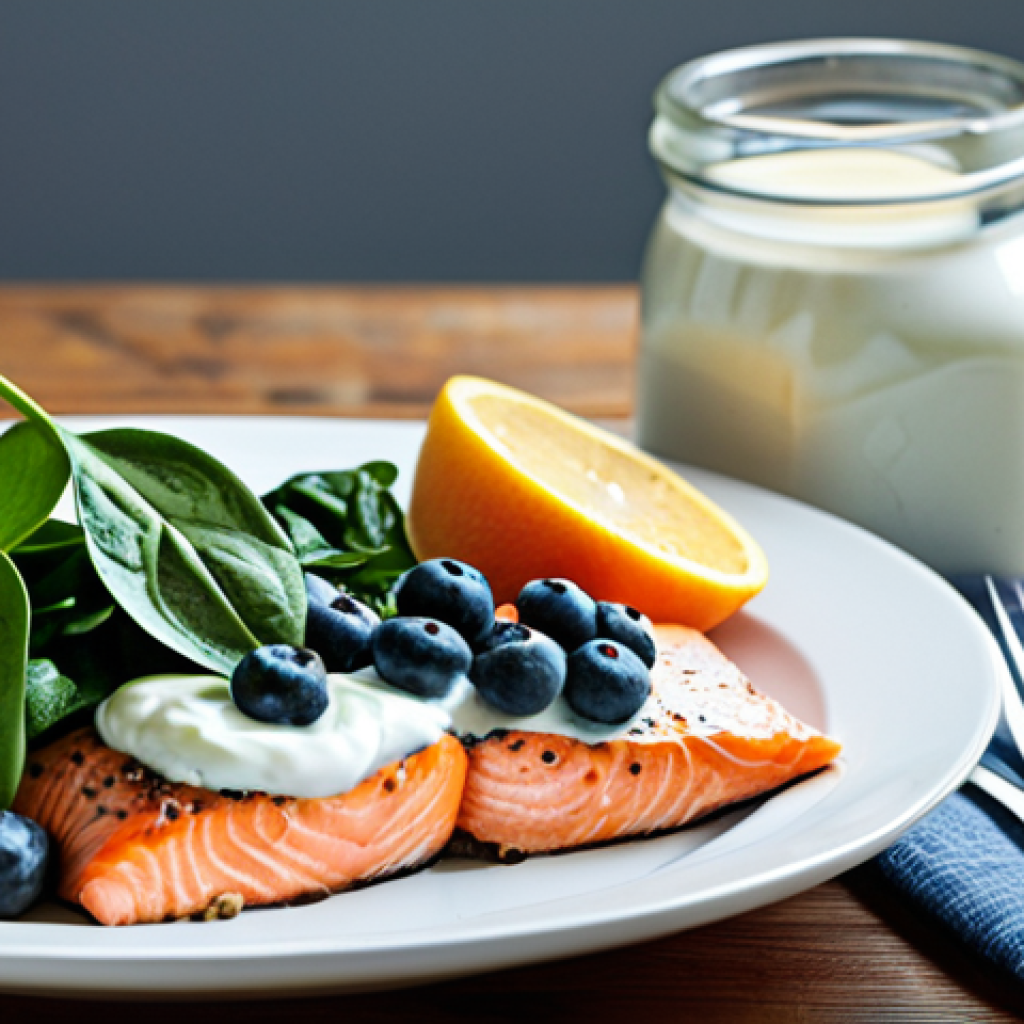 항염증 식단과 뇌 건강의 상관관계 - **Prompt:** A vibrant still life featuring blueberries, salmon fillets, spinach, walnuts, and a jar ...