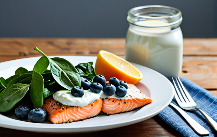 항염증 식단과 뇌 건강의 상관관계 - **Prompt:** A vibrant still life featuring blueberries, salmon fillets, spinach, walnuts, and a jar ...