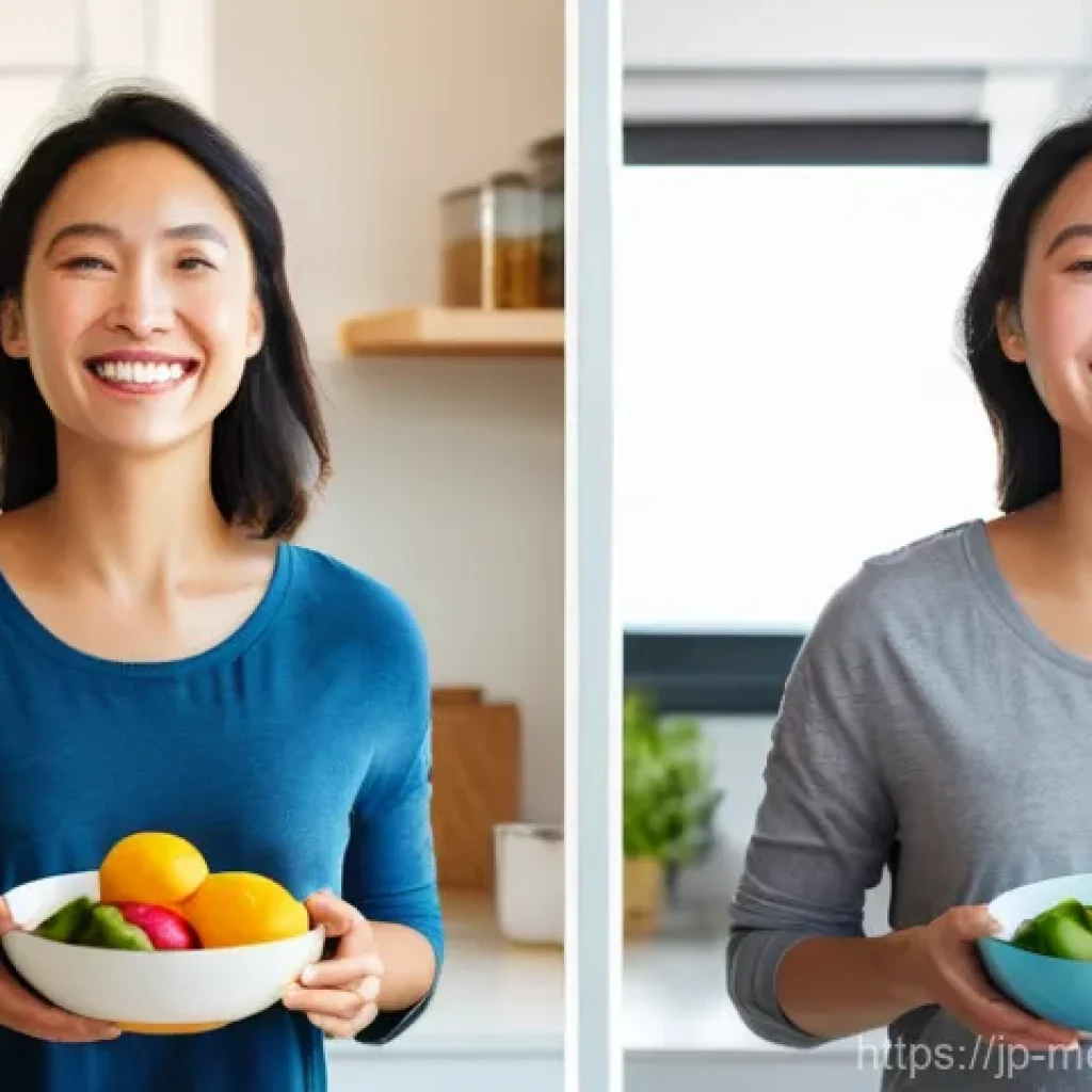 항염증 식단과 전통 음식의 조화 - **Prompt:** A vibrant, bright image depicting a woman in her 30s experiencing a shift in her well-be...