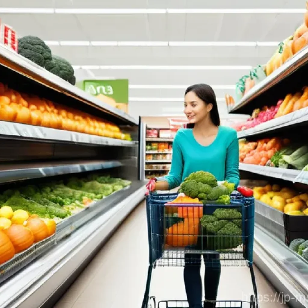 항염증 식단의 음식 준비 시간 단축하기 - **Prompt:** A bright and inviting supermarket aisle, focusing on the fresh produce section. A casual...