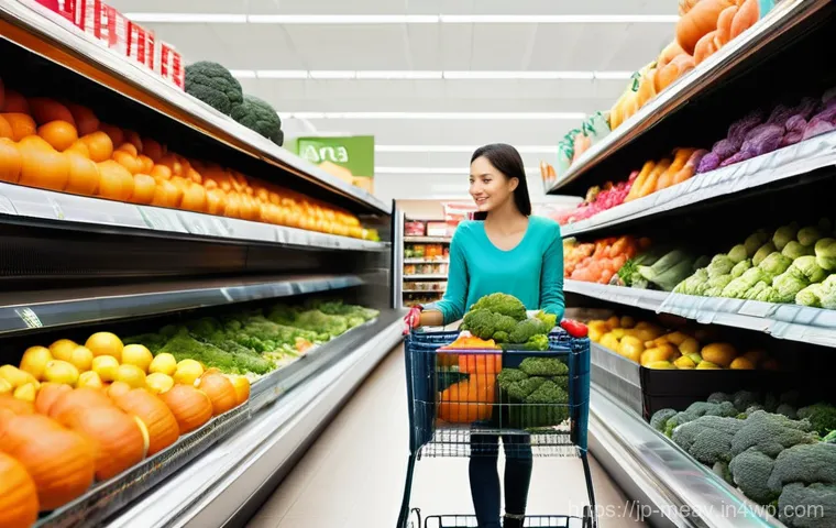 항염증 식단의 음식 준비 시간 단축하기 - **Prompt:** A bright and inviting supermarket aisle, focusing on the fresh produce section. A casual...