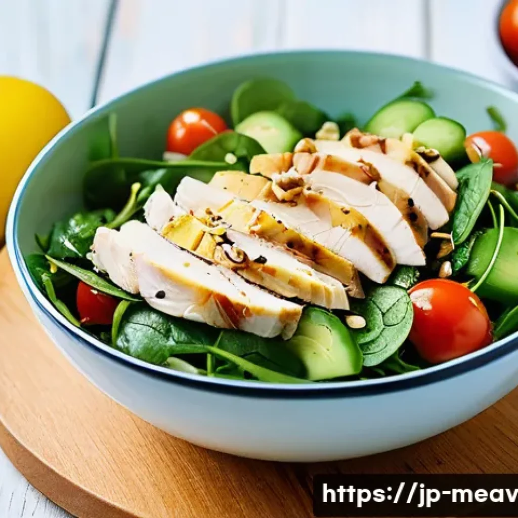 항염증 식단으로 샐러드 활용하기 - **Prompt:** A close-up, vibrant, and appetizing shot of a "Chicken Breast and Avocado Power Salad" s...