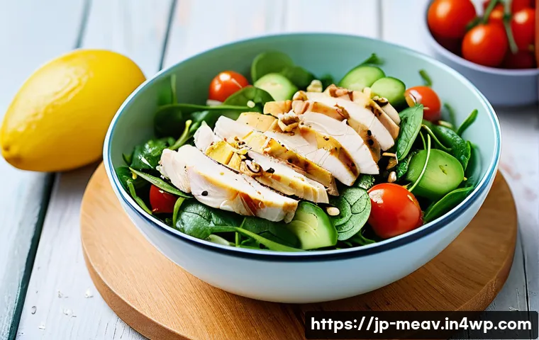 항염증 식단으로 샐러드 활용하기 - **Prompt:** A close-up, vibrant, and appetizing shot of a "Chicken Breast and Avocado Power Salad" s...