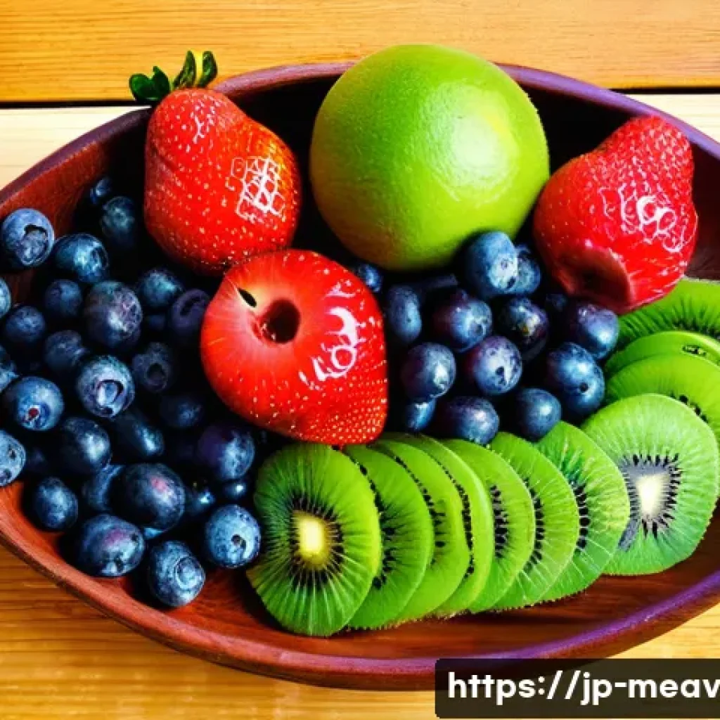 항염증 식단에 적합한 과일 선택하기 - **Vibrant Anti-Inflammatory Fruit Medley:** A close-up, high-angle shot of an artistic arrangement o...