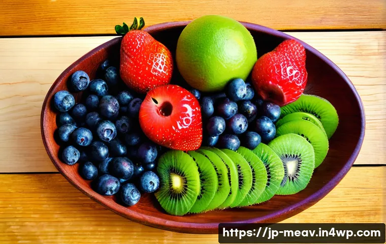 항염증 식단에 적합한 과일 선택하기 - **Vibrant Anti-Inflammatory Fruit Medley:** A close-up, high-angle shot of an artistic arrangement o...