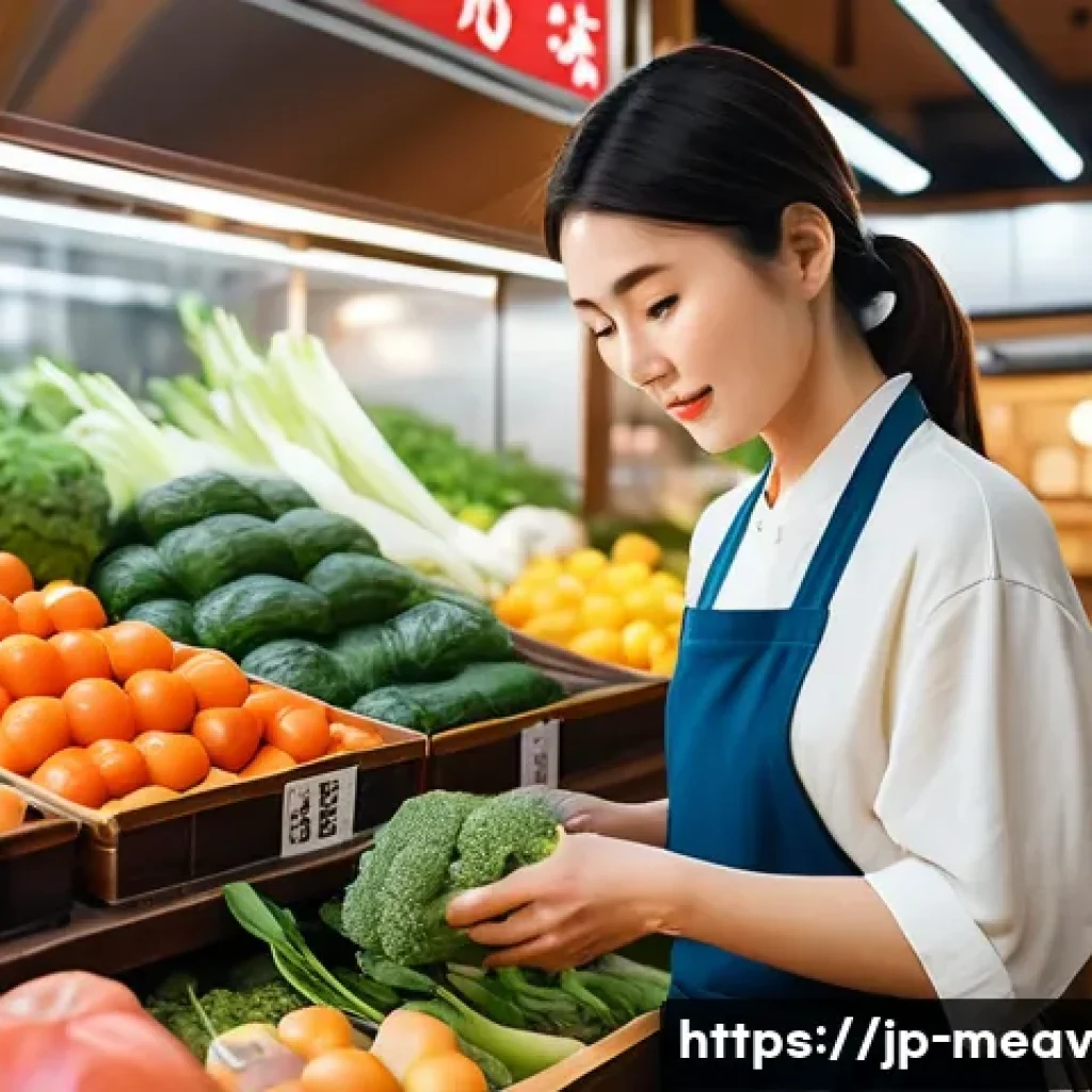 항염증 식단과 스트레스 관리 - A vibrant kitchen scene featuring a modern Japanese woman thoughtfully selecting a variety of fresh ...