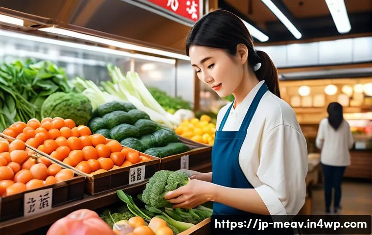 항염증 식단과 스트레스 관리 - A vibrant kitchen scene featuring a modern Japanese woman thoughtfully selecting a variety of fresh ...