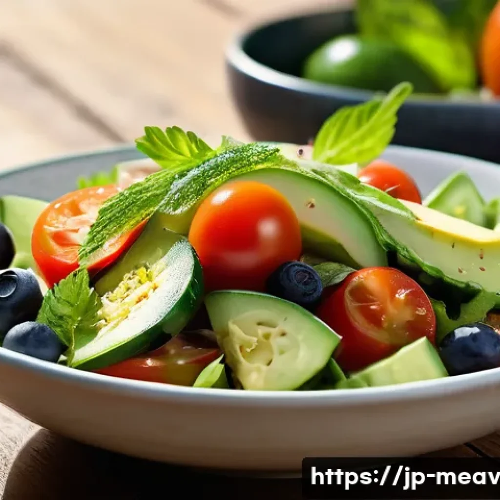 항염증 식단을 위한 여름철 샐러드 - A vibrant summer salad on a rustic wooden table, featuring fresh, crisp vegetables like bright red t...
