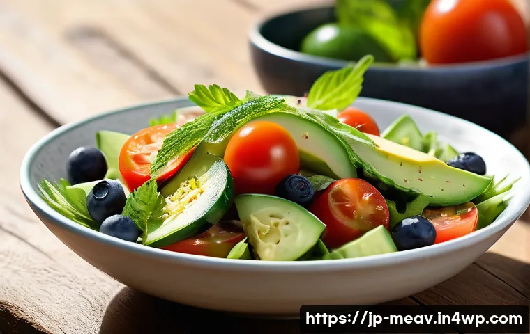 항염증 식단을 위한 여름철 샐러드 - A vibrant summer salad on a rustic wooden table, featuring fresh, crisp vegetables like bright red t...