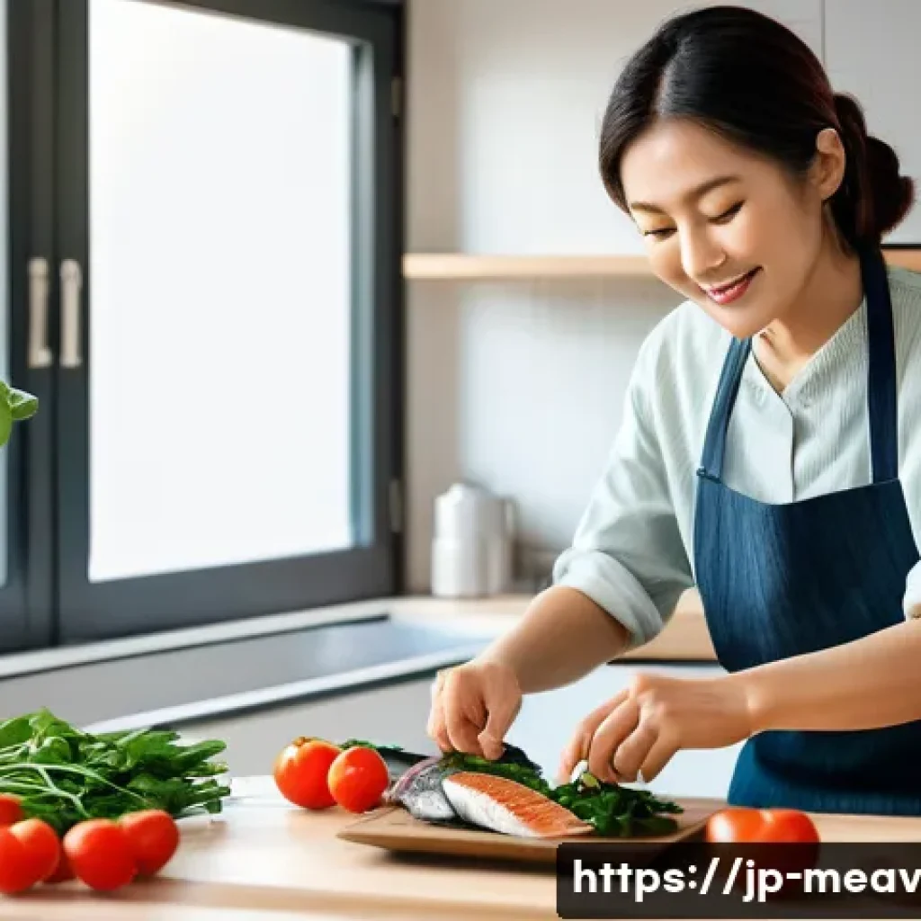 항염증 식단과 심혈관 건강 - A vibrant Japanese kitchen scene featuring a middle-aged Japanese woman preparing a heart-healthy me...