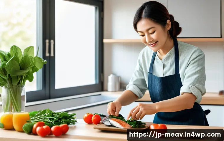 항염증 식단과 심혈관 건강 - A vibrant Japanese kitchen scene featuring a middle-aged Japanese woman preparing a heart-healthy me...