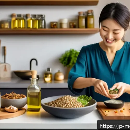 항염증 식단에서의 지방 섭취 비율 - A vibrant, modern Japanese kitchen scene featuring a young adult woman preparing a healthy meal with...