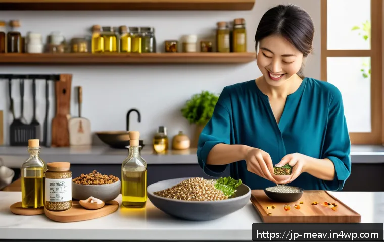 항염증 식단에서의 지방 섭취 비율 - A vibrant, modern Japanese kitchen scene featuring a young adult woman preparing a healthy meal with...