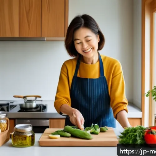 항염증 식단의 지속 가능성 - A cozy, modern Japanese kitchen scene featuring a middle-aged Japanese woman preparing an anti-infla...