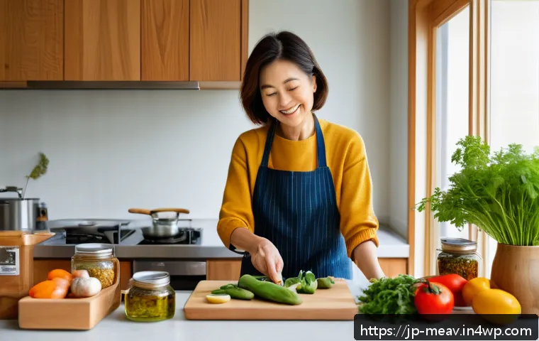 항염증 식단의 지속 가능성 - A cozy, modern Japanese kitchen scene featuring a middle-aged Japanese woman preparing an anti-infla...