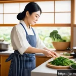 항염증 식단의 지속 가능한 실천법 - A vibrant Japanese kitchen scene featuring a middle-aged woman preparing an anti-inflammatory meal w...