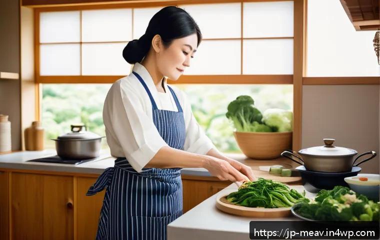 항염증 식단의 지속 가능한 실천법 - A vibrant Japanese kitchen scene featuring a middle-aged woman preparing an anti-inflammatory meal w...