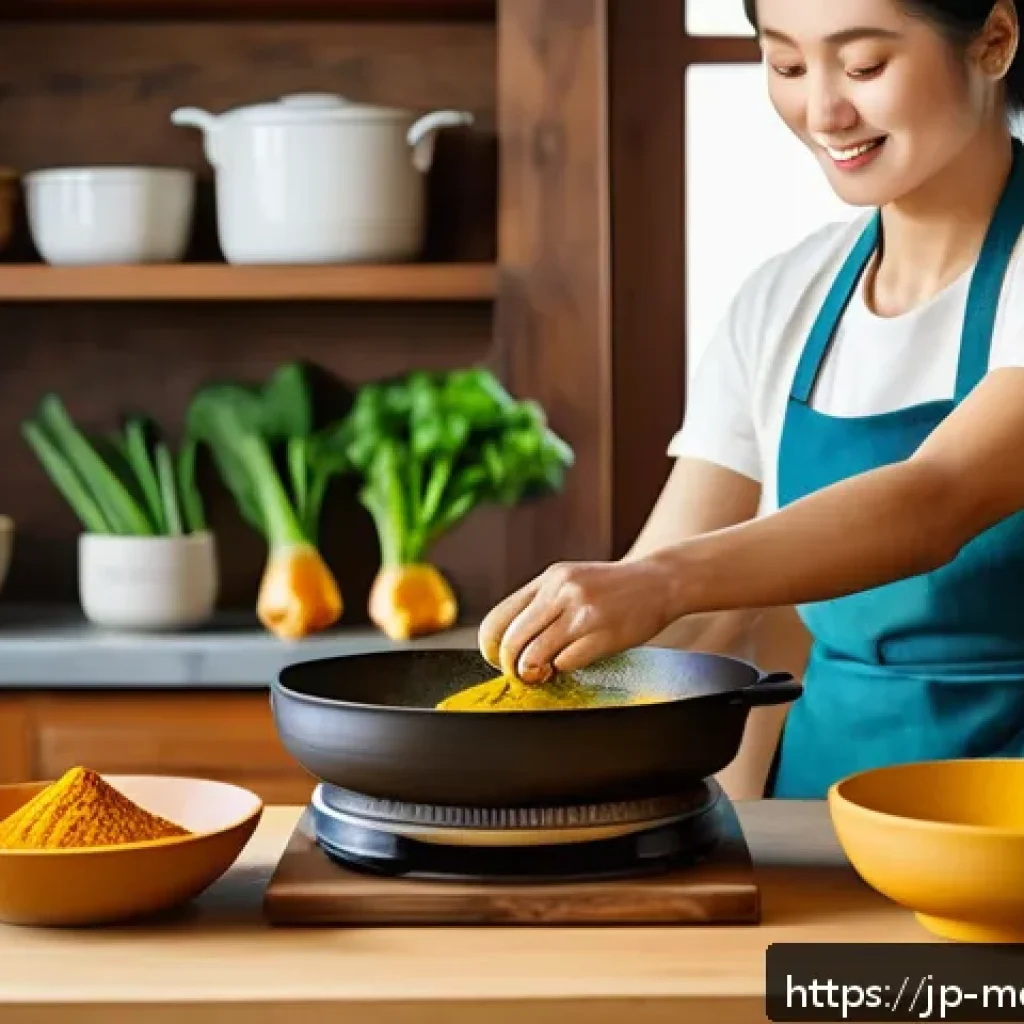 항염증 식단의 영양소 분석 - A vibrant kitchen scene showing a Japanese home cook preparing a traditional curry dish with turmeri...