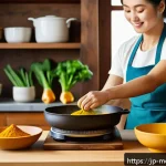 항염증 식단의 영양소 분석 - A vibrant kitchen scene showing a Japanese home cook preparing a traditional curry dish with turmeri...