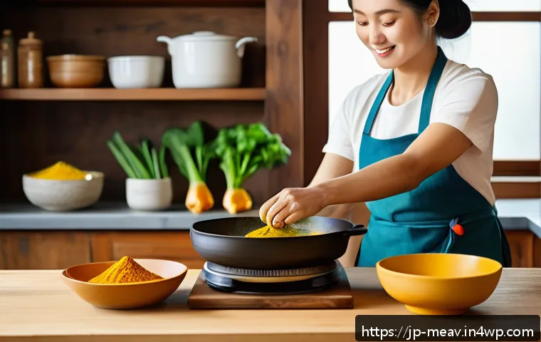 항염증 식단의 영양소 분석 - A vibrant kitchen scene showing a Japanese home cook preparing a traditional curry dish with turmeri...
