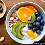 항염증 식단을 위한 과일 조합 - A vibrant, fresh fruit breakfast bowl arranged on a wooden table, featuring blueberries, sliced kiwi...