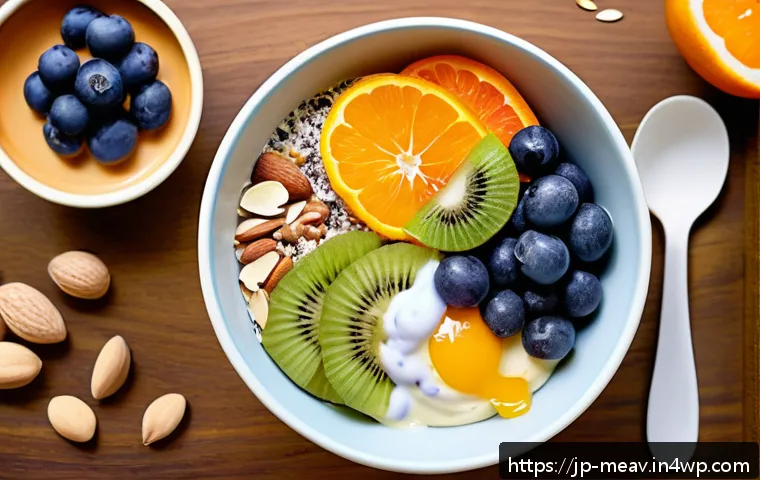 항염증 식단을 위한 과일 조합 - A vibrant, fresh fruit breakfast bowl arranged on a wooden table, featuring blueberries, sliced kiwi...