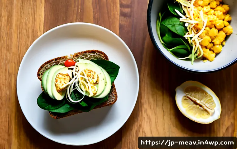 항염증 식단을 위한 샌드위치 레시피 - Photorealistic overhead food photography of an anti-inflammatory sandwich being prepared in a bright...