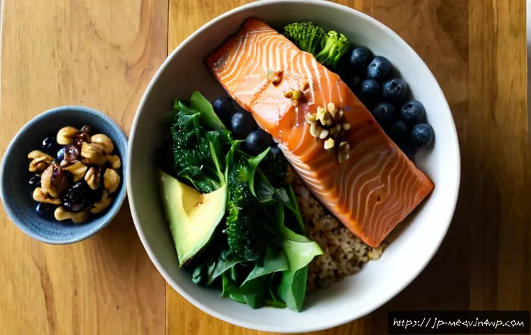 항염증 식단과 인슐린 저항성 - Photorealistic overhead view of a balanced anti-inflammatory meal on a clean wooden table: grilled s...