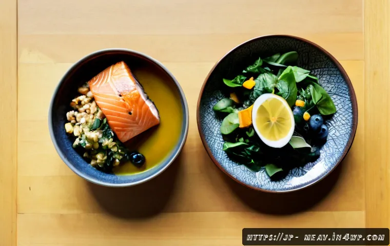 항염증 식단과 불면증 해소 방법 - Photorealistic overhead view of a calming anti-inflammatory dinner on a warm wooden table: grilled s...