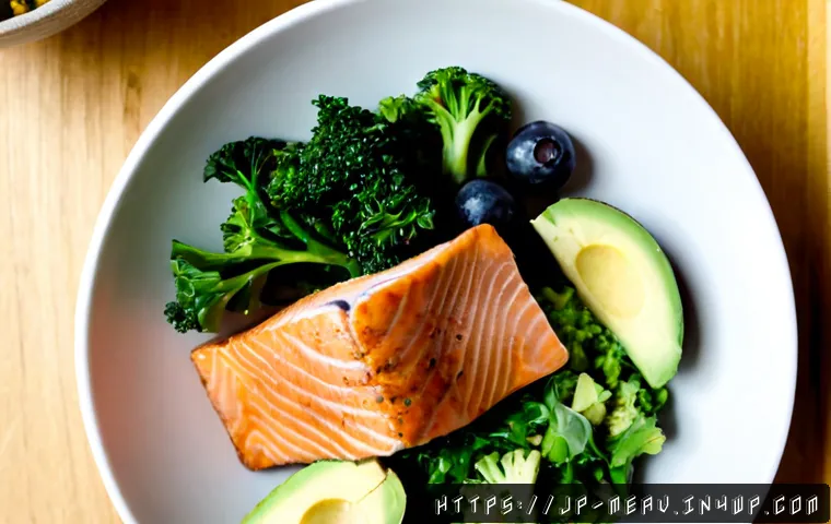 항염증 식단의 기초 이해하기 - Photorealistic overhead view of a balanced anti-inflammatory meal on a clean light wood table: grill...