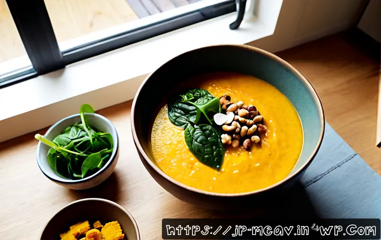 항염증 식단을 위한 겨울철 요리법 - Photorealistic winter anti-inflammatory meal preparation in a bright Japanese home kitchen, overhead...